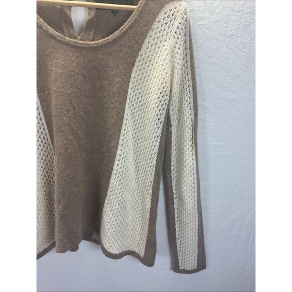 Quinn 100% cashmere tan Ivory crochet color block keyhole sweater size S - Picture 2 of 10